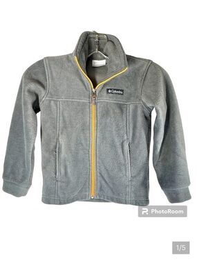 Kid’s Columbia gray fleece jacket with orange trim